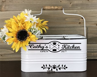 Personalized Utensil Holder, Farmhouse Kitchen Silverware and Napkin Caddy, Picnic or Camping Table Organizer