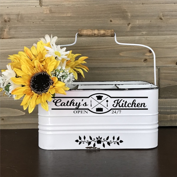 Personalized Utensil Holder, Farmhouse Kitchen Silverware and Napkin Caddy, Picnic or Camping Table Organizer