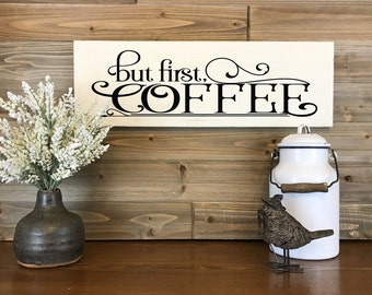 But First Coffee Wood Sign, Country Cottage Wall Art, Farmhouse Decor