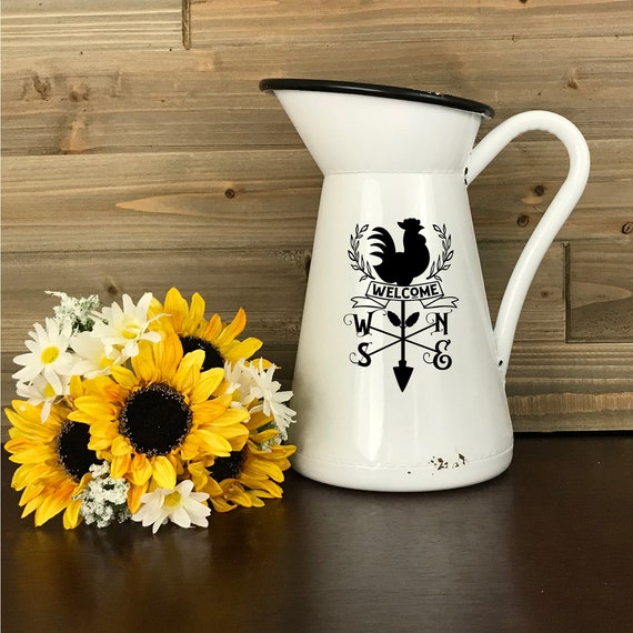 Farmhouse Metal Milk Pitcher, White Rooster Enamel Jug, Rustic Kitchen  Weathervane Vase 