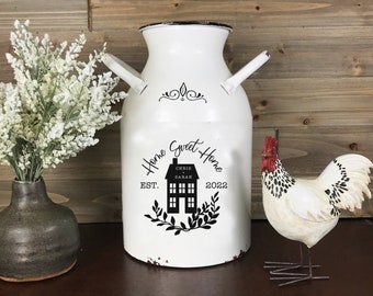 Personalized Farmhouse Metal Milk Can, White Enamel Milk Jug, Custom Name Flower Canister, Rustic Country Wedding Gift,