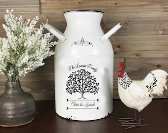Personalized Family Tree Farmhouse Milk Can, Rustic Metal Custom Realtor Gift, Our Home Couples White Flower Jug