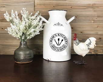 Farmhouse Moms Kitchen METAL MILK CAN, Rustic Country Flower Vase, White Enamel Table Jug