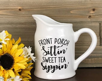 White Farmhouse Utensil Holder, Front Porch Sittin Sweet Tea Sippin Ceramic Pitcher, Rustic Country Flower Vase