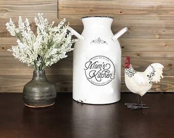 Farmhouse Moms Kitchen METAL MILK CAN, Rustic Country Flower Vase, White Enamel Table Jug