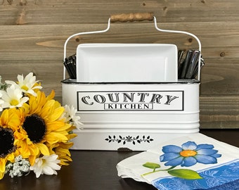 Kitchen Utensil Holder, Farmhouse Enamelware Silverware and Napkin Caddy, Rustic Table Organizer, Country Kitchen Canister