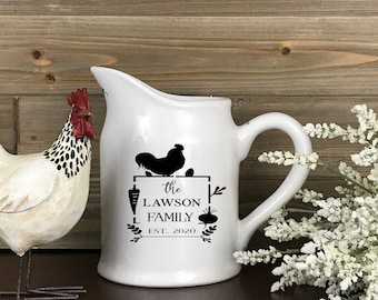 Personalized White Farmhouse Ceramic Pitcher, Last Name Utensil Holder, Rustic Country Flower Vase