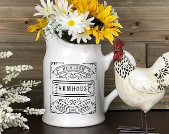 White Farmhouse Ceramic Pitcher, Porcelain Kitchen Utensil Holder, Rustic Country Flower Vase