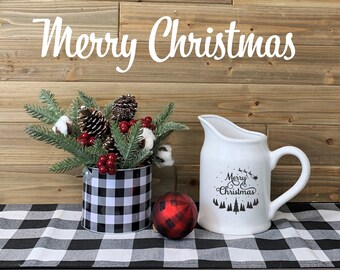 Merry Christmas Kitchen Ceramic Pitcher, White Rustic Farmhouse Utensil Holder or Country Flower Vase