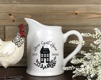 Personalized White Farmhouse Ceramic Pitcher or Vase, Custom Name Utensil Holder, Rustic Country Wedding Gift