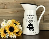 Farmhouse Metal Milk Pitcher, White Farm Sweet Farm Enamel Jug, Rustic Kitchen Pig Chicken and Cow Art