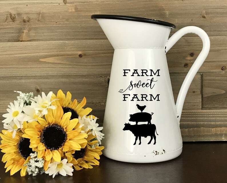 Farmhouse Metal Milk Pitcher White Farm Sweet Farm Enamel