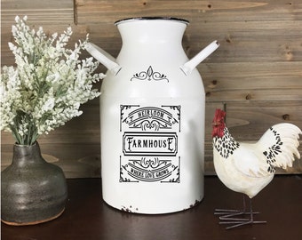 Farmhouse Metal Milk Can, Rustic Country Utensil Jug, White Distressed Enamel French Country Vase