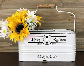 Mom's Kitchen Utensil Holder, Farmhouse Silverware Caddy, Picnic or Camping Plate and Napkin Organizer
