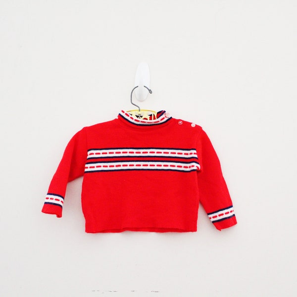 vintage 70s Cute Long Sleeve Striped Freaks & Geeks Style Red Little Boys or Girls Knit Sweater Size 24 Months 2T