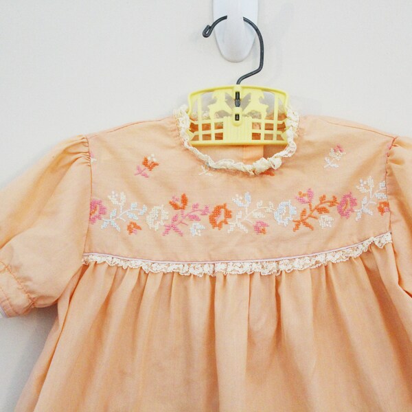 vintage 50s Pastel Peach Needlepoint Floral Embroidery Little Girls Cottagecore Dress or Top with High Lace Collar // Estimate Size 2-4T