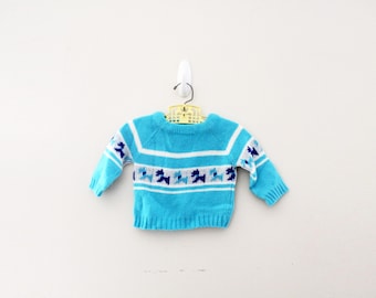 vintage 80s Unisex Baby Blue Scottie Dog Acrylic Sweater Geometric Pattern // Size 12 Months