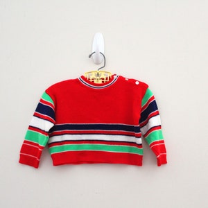 vintage 70s Cute Long Sleeve Striped Freaks & Geeks Style Red Little Boys or Girls Knit Sweater Size 24 Months 2T