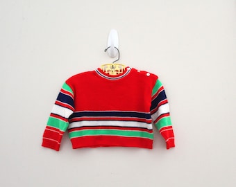 vintage 70s Cute Long Sleeve Striped Freaks & Geeks Style Red Little Boys or Girls Knit Sweater Size 24 Months 2T