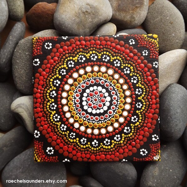 Authentic Aboriginal Dot Art, Acrylic paint on Canvas Board Painting, Earth colours, 4" x 4"