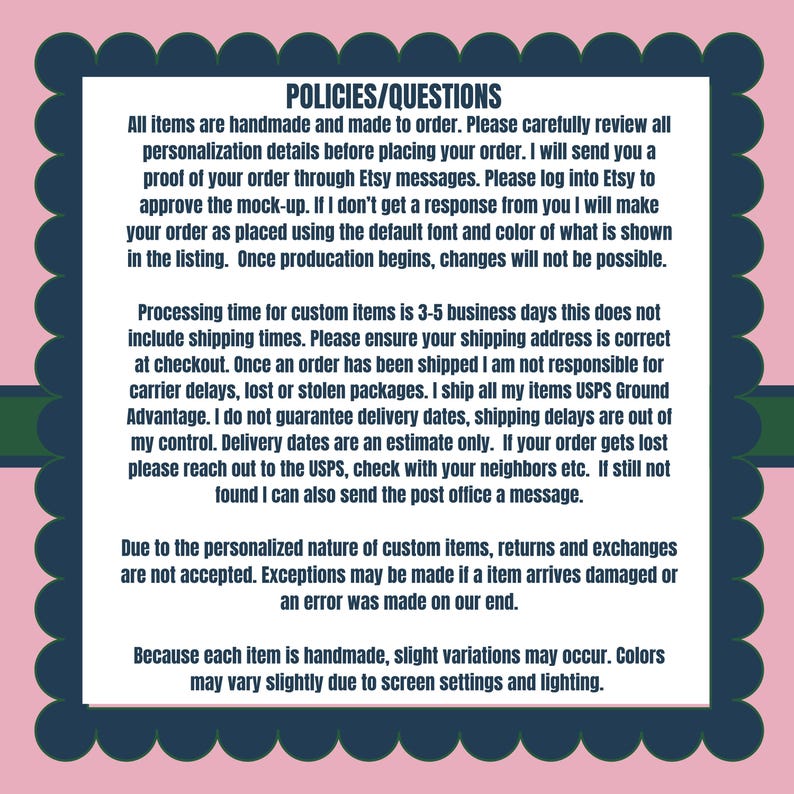 a set of policies and questions regarding the handling of custom items, including returning and exchanging items, and the acceptance of returns and exchanges.