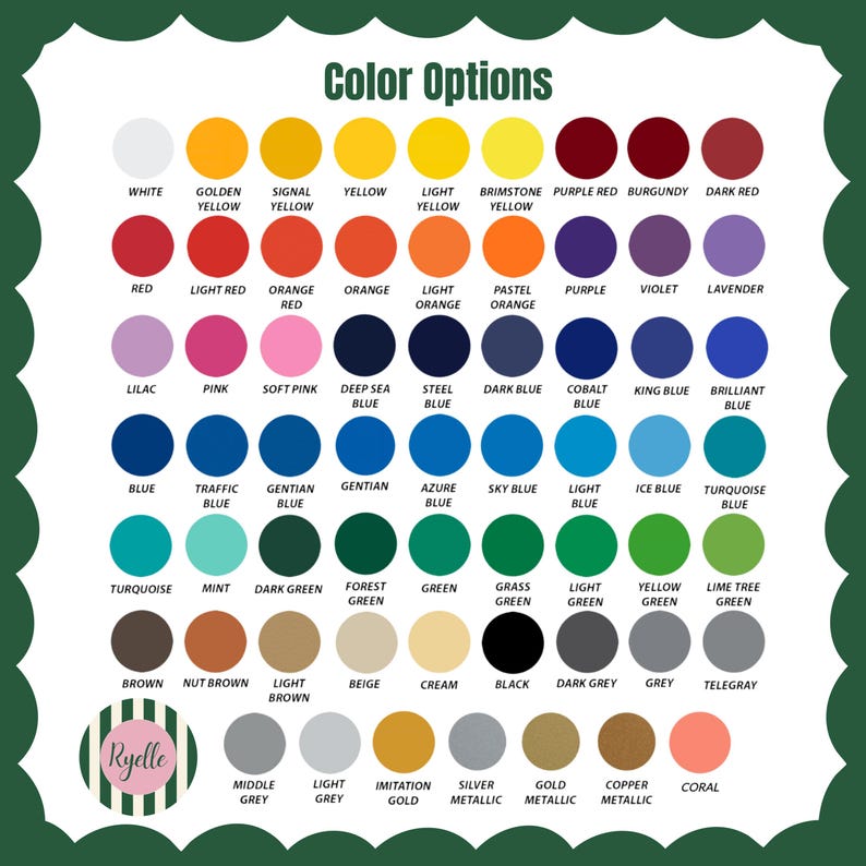a grid of color options, including various shades of white, yellow, orange, pink, purple, blue, green, and teal. The colors are presented in a visually appealing manner, with each color represented by a circle. The image is a collage of multiple color options, and it does not contain any redundancy or vague descriptions.
