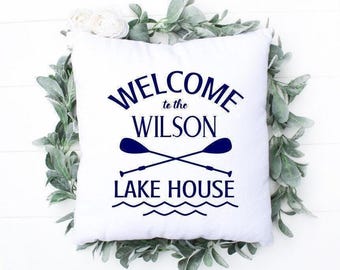 Personalized Lake House Pillow, Housewarming Gift, Boat Oars, Coastal Decor