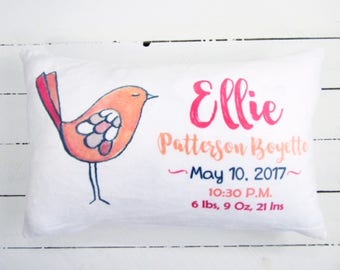 Personalized Pillow Personalized Girl Pillow Bird Pillow Kids Pillow Baby Pillow Shower Gift Baby Gift, Birthday Gift RyElle Watercolor Bird