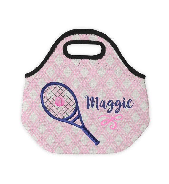 Sports Lunch Tote Red Striped Green Tennis Ball Snack Sack Tennis Game Sports Personalized Neoprene Lunch Tote Bag Kids Name Gift