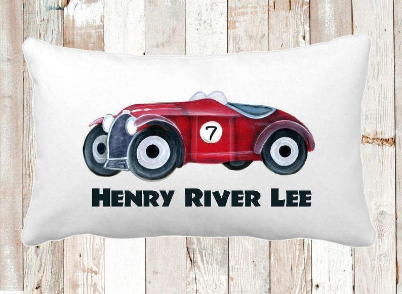Personalized Race Car Pillow, Boys Nursery Decor image 1