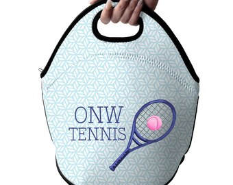 Sports Lunch Tote Red Striped Green Tennis Ball Snack Sack Tennis Game Sports Personalized Neoprene Lunch Tote Bag Kids Name Gift