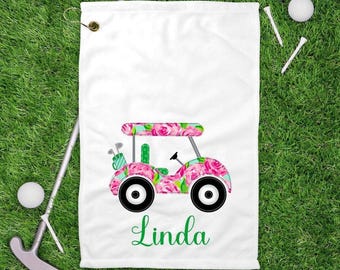 Personalized Golf Towel: Floral Golf Cart, Golfer Gift