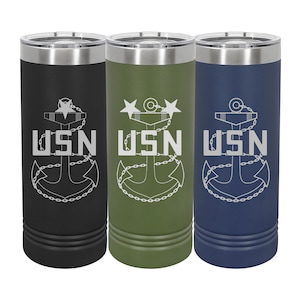 May include: Three stainless steel tumblers with a navy anchor and USN logo. The tumblers are black, green, and blue.