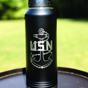 May include: Black stainless steel water bottle with a silver lid and a laser engraved anchor and the letters USN.