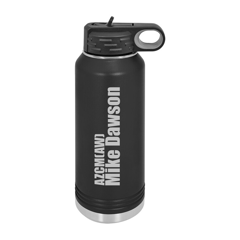May include: Black stainless steel water bottle with a carrying handle. The bottle has a silver base and the text "AZCMCLAWJ Mike Dawson" is printed on the side.