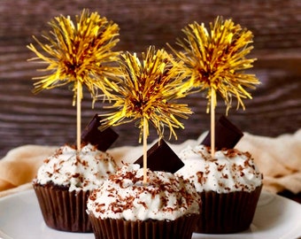 12 Sparkle Gold or Silver Tinsel Cupcake Toppers | New Year's Eve Party Decorations | festive tinsel Sparkly Glitter Fireworks + Black Blush