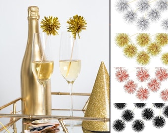 12 Sparkle Gold / Silver Tinsel Champagne / Drink Stirrers | Cake Sticks | Wedding | New Year's NYE| festive Sparkly Glitter Firework Blush