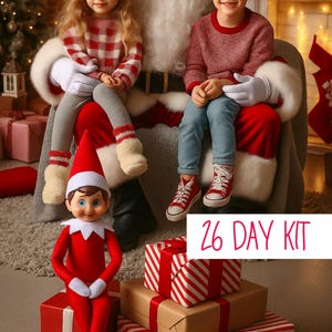 May include: Santa Claus with two children, a girl and a boy, all wearing red and white outfits. An elf doll sits on a red box, with wrapped gifts. The text "26 DAY KIT" is visible.