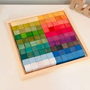 Wooden Rainbow Mosaic Cubes with Tray - 100 pc; Natural Montessori Toys (Grimms-inspired) with Natural Dyes Blocks | Learning | Toddler Gift