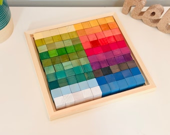 SHIPS FAST! Wooden Rainbow Mosaic Cubes with Tray - 100 pc; Natural Grimms-inspired Montessori Toy w/ Natural Dyes Blocks | Learning Toddler