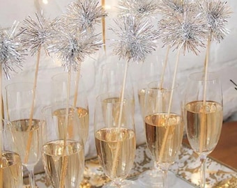 100 Tinsel Stir Sticks | Gold Silver Blush Black Sparkle Champagne | Drink Stirrers | Cupcake | Wedding | Swizzle | Sparkly Glitter Firework