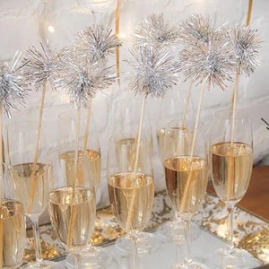 100 Tinsel Stir Sticks | Gold Silver Blush Black Sparkle Champagne | Drink Stirrers | Cupcake | Wedding | Swizzle | Sparkly Glitter Firework