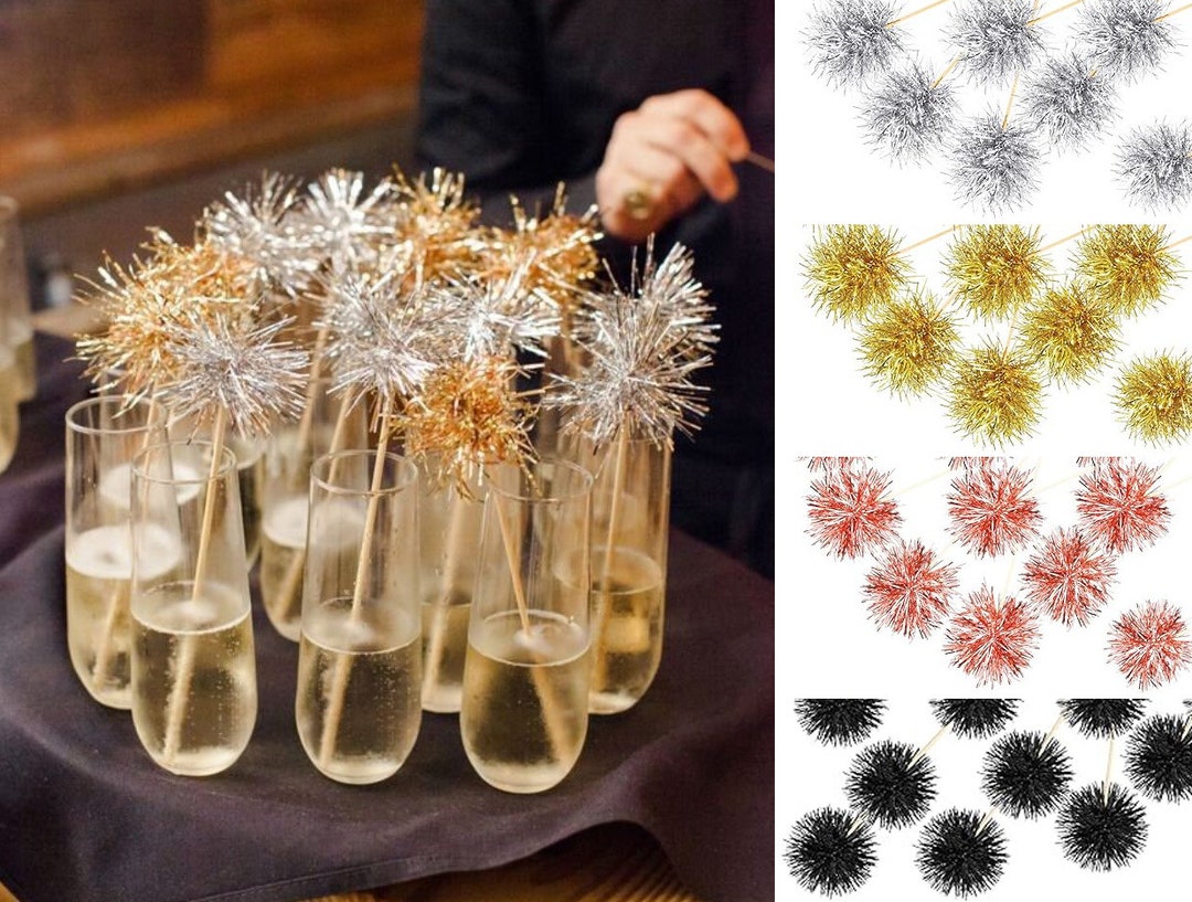 12 Tinsel Drink Stirrers Champagne Swizzle Sticks Gold Black Silver