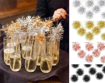 12+ Tinsel Drink Stirrers- Champagne Swizzle Sticks | Gold Black Silver Blush | Wedding | New Year's | festive Sparkly Glitter Firework