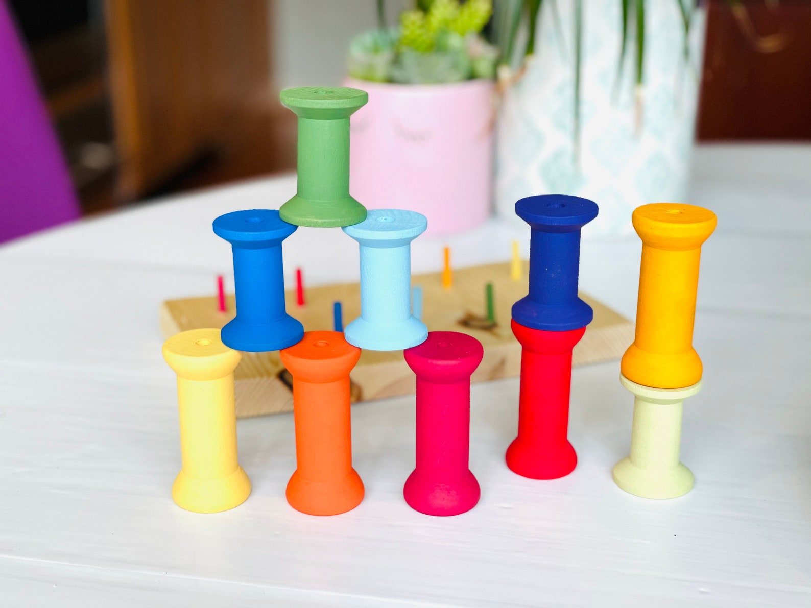 Wooden Bobbin Stacking and Sorting Game Set Wood Rainbow | Etsy