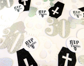 RIP 20's Birthday Confetti - Glitter Coffin Confetti, Goth Birthday Confetti, Thirty Birthday Party, 30 Birthday Confetti, Skull Confetti