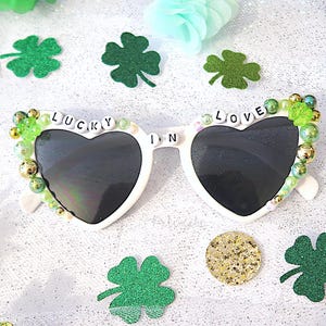 Shamrock Lucky In Love Sunglasses - St. Patricks Bachelorette Favour, Lucky Hen Party, Rhinestone Clover Glasses, Irish Bachelorette Party