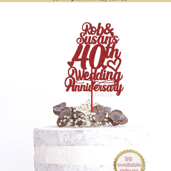 Custom 40th Anniversary Cake Topper - personalised anniversary cake topper with names, anniversary party decor, ruby anniversary celebration