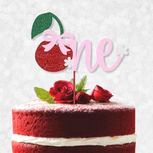 Glitter Cherry ONE Cake Topper - Cherry Bow Birthday Theme, Cherry First Birthday, Little Cherry, 1st Birthday, She&#39;s The Cherry On Top