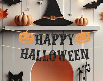Glitter Happy Halloween Banner - Cute Halloween Banner, Ghost Party Bunting, Spooky Halloween Decor, Spooky Theme, Spooky Party Bunting